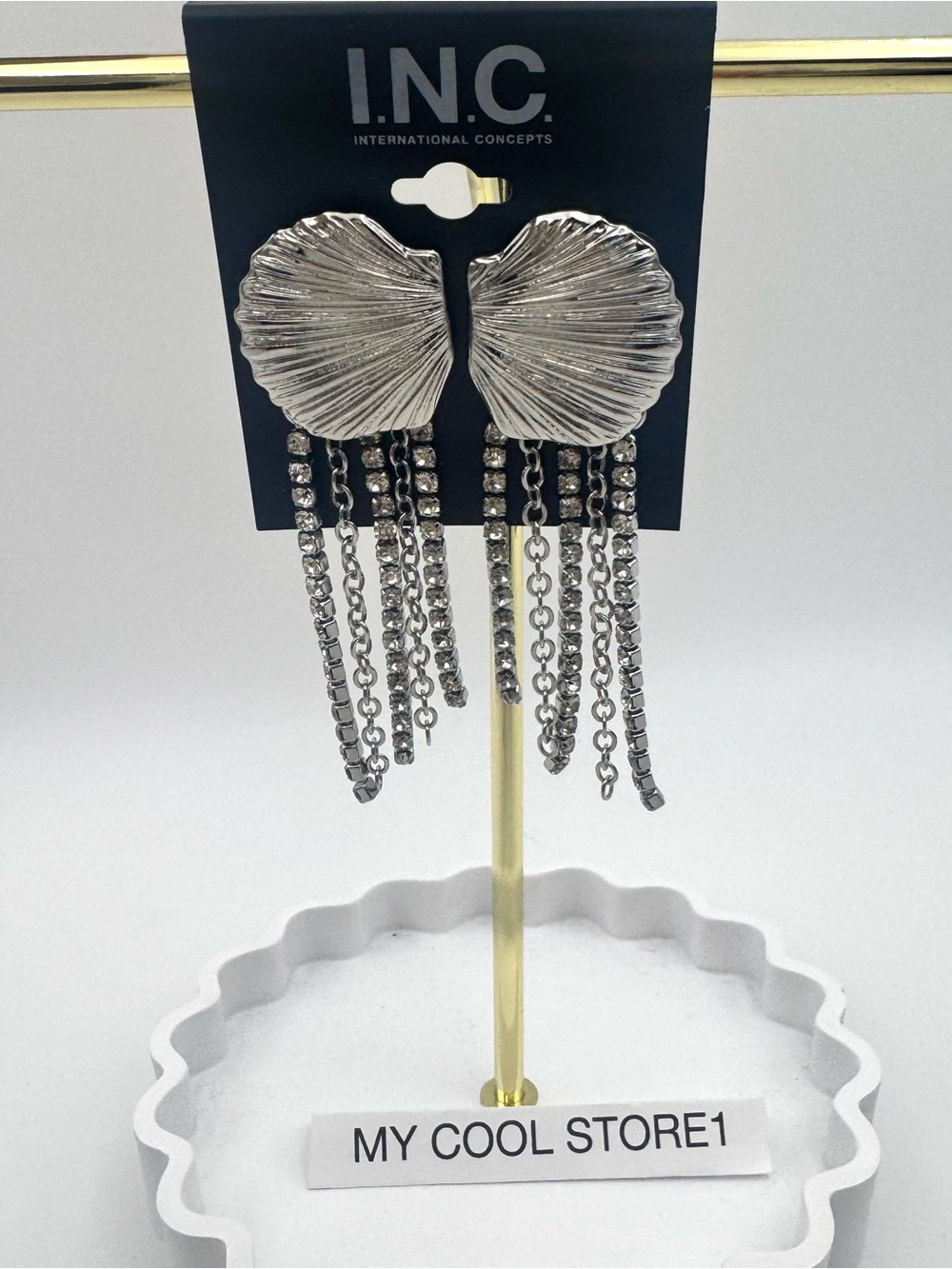 NEW INC Rhodium-Plated Shell & Rhinestone Fringe Statement Earrings